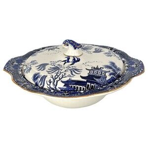 Burleigh Ware Blue Willow Covered Vegetable Bowl Dinnerware Tableware UK 10 inch